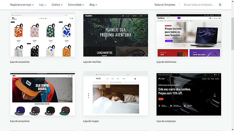 Captura de tela dos tempaltes de sites da Wix