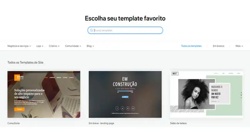 captura de tela mostrando exemplos de sites prontos do Wix