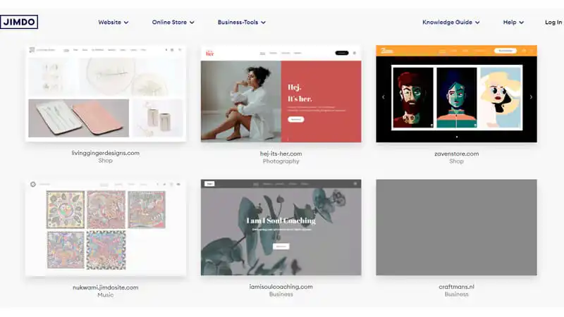 captura de tela mostrando exemplos de sites prontos da Jimdo