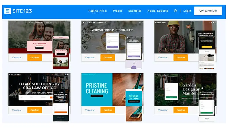 captura de tela mostrando exemplos de sites prontos do SITE123