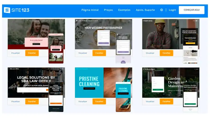captura de tela mostrando exemplos de sites prontos do SITE123