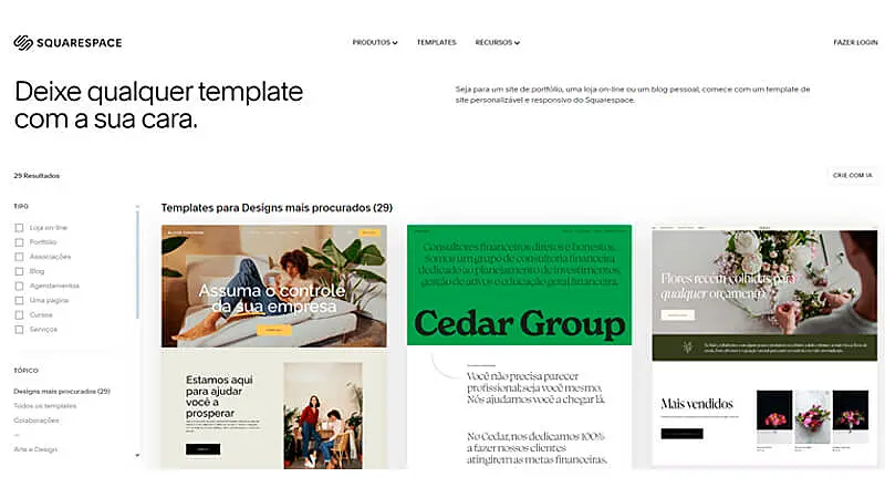 captura de tela mostrando exemplos de sites prontos do Squarespace