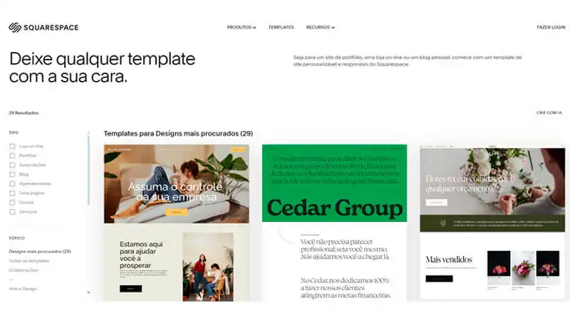 captura de tela mostrando exemplos de sites prontos do Squarespace
