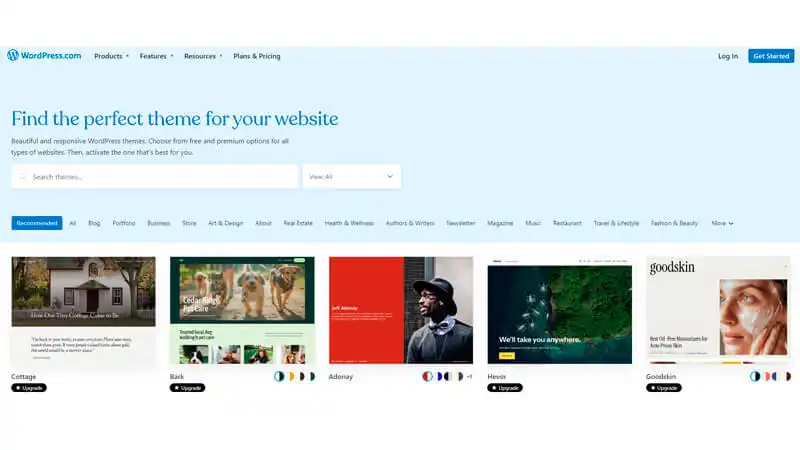 captura de tela mostrando exemplos de sites prontos do WordPress