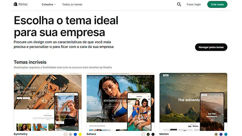 captura de tela mostrando exemplos de sites prontos do Shopify