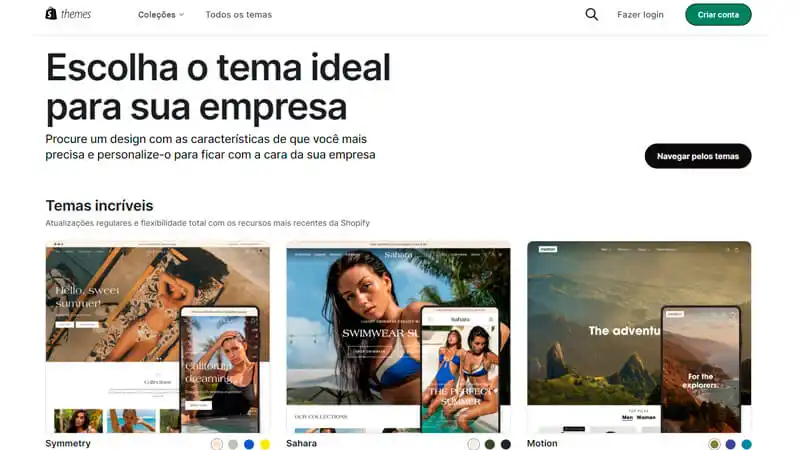 captura de tela mostrando exemplos de sites prontos do Shopify