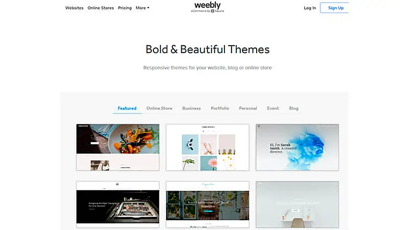 captura de tela mostrando exemplos de sites prontos da Weebly