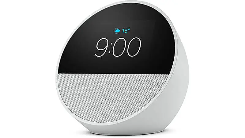 imagem de um smart speaker Echo Spot na cor branca