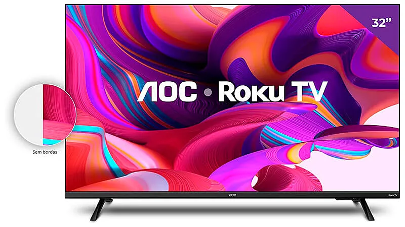 imagem de uma smart tv 32 polegadas da AOC com um pequeno zoom na lateral mostrando como as bordas são finas