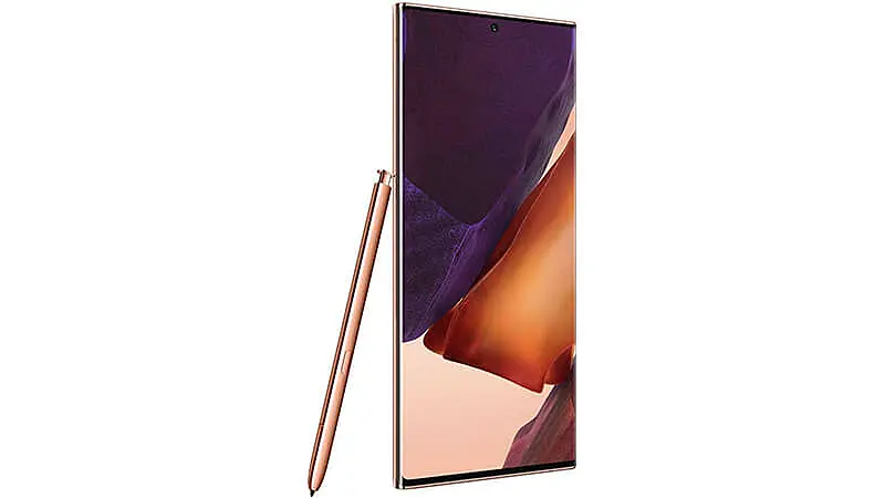 imagem de um smartphone Samsung Galaxy Note 20 Ultra ao lado de um S-pen