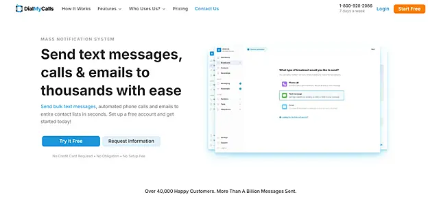 Screenshot of DialMyCalls website with a text that reads "Send text messages, calls & emails to thousands with ease".