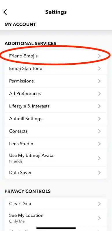 Snapchat emoji meanings -  additional services Snapchat settings page