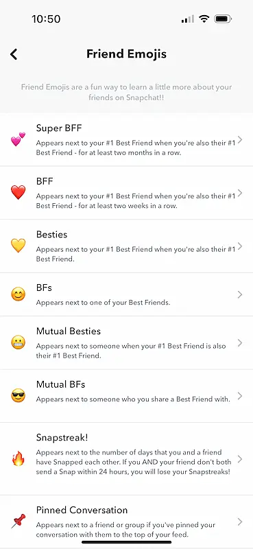 Friend emojis Snapchat page