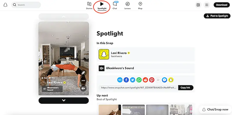 Spotlight page from Snapchat