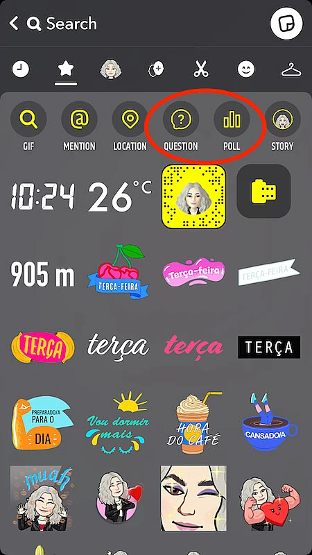 The image shows the Snapchat stickers page