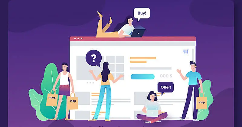 The illustration shows a website screen with people around it.