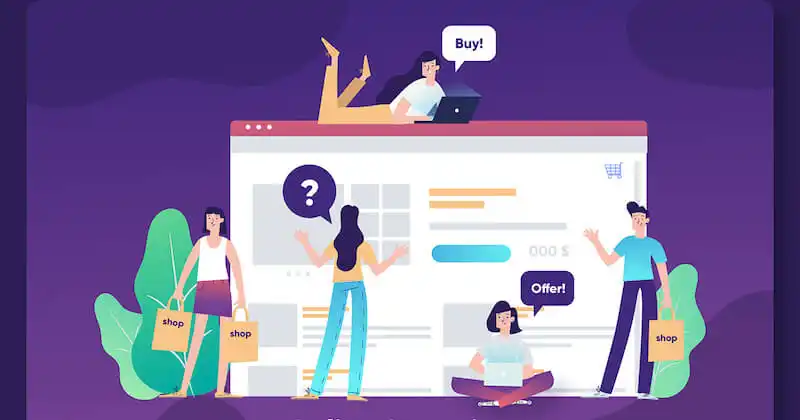 Creating social media content for your e-commerce understanding your audience The illustration shows a website screen with people around it.