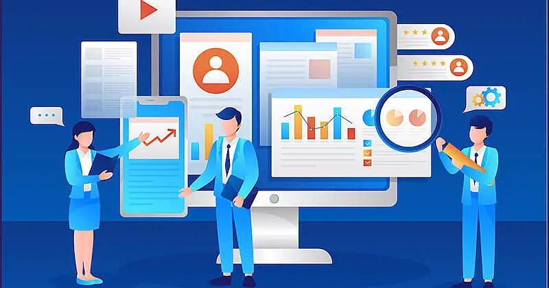 The illustration shows several screens and 3 peoples in front of them