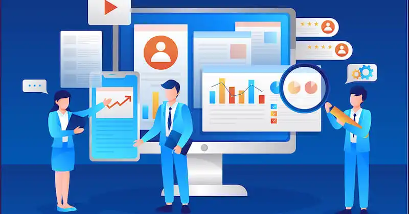 Creating social media content for your ecommerce choosing the platforms The illustration shows several screens and 3 peoples in front of them