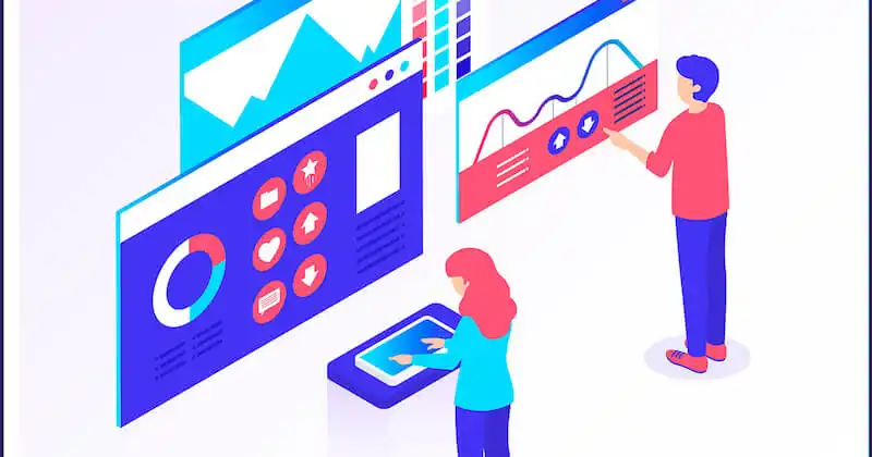 Creating social media content for your e-commerce measuring The illustration shows two people in front of three screens.