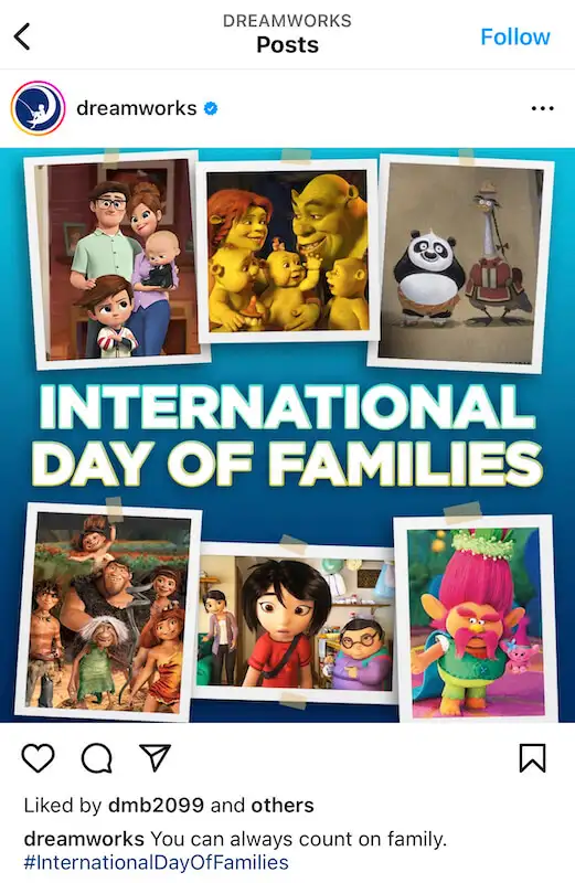 Social media content ideas - holidays Dreaworks Instagram post celebrating the International Day of Families.