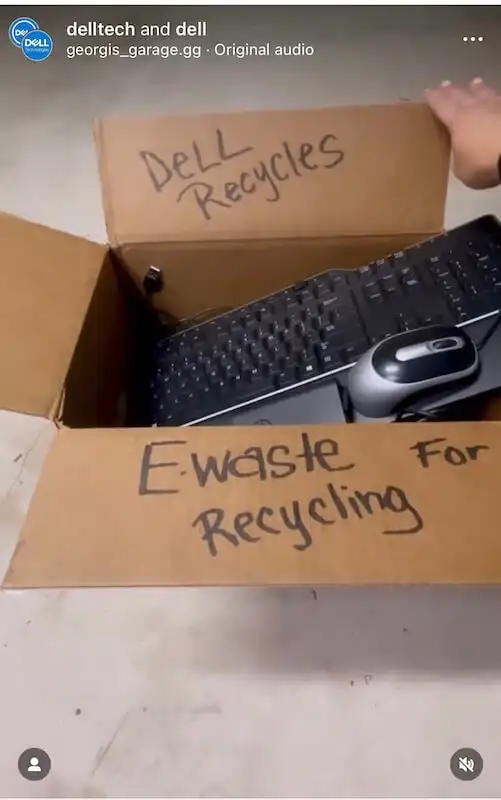Social media content ideas - company's values Dell Instagram post showing a box with a keyboard inside. In the box it's written: "Dell recycles. E.waste for recycling".