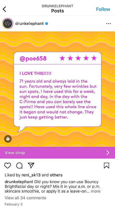 Drunk Elephant Instagram post showing a customer review.