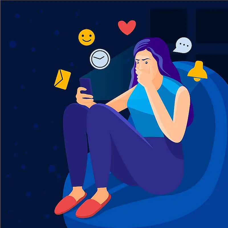 The image shows an illustration of a woman holding a smartphone while looking worried. Around her there are several icons such as a watch, a smile face, a heart, a notification icon, and a dialogue baloon.