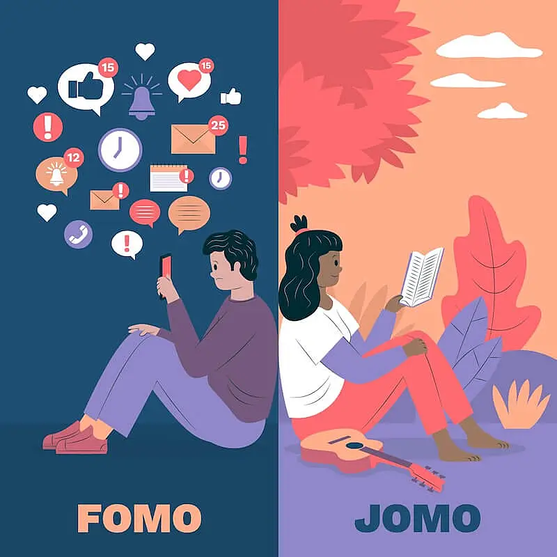 The image is divided in two sides. On the left side there is a person using a smartphone, and on the rigth side there is a woman reading a book.
