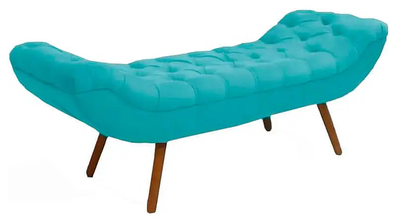 imagem de um sofá para escritório de dois lugares com design divã, pés de madeira e revestimento suede na cor azul turquesa