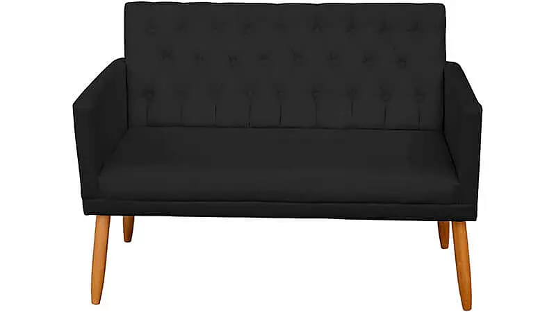 imagem de um sofá para escritório de dois lugares com pés de madeira e revestimento em suede na cor preta