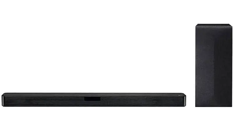 imagem de uma soundbar LG SN4-300 ao lado de um subwoofer LG