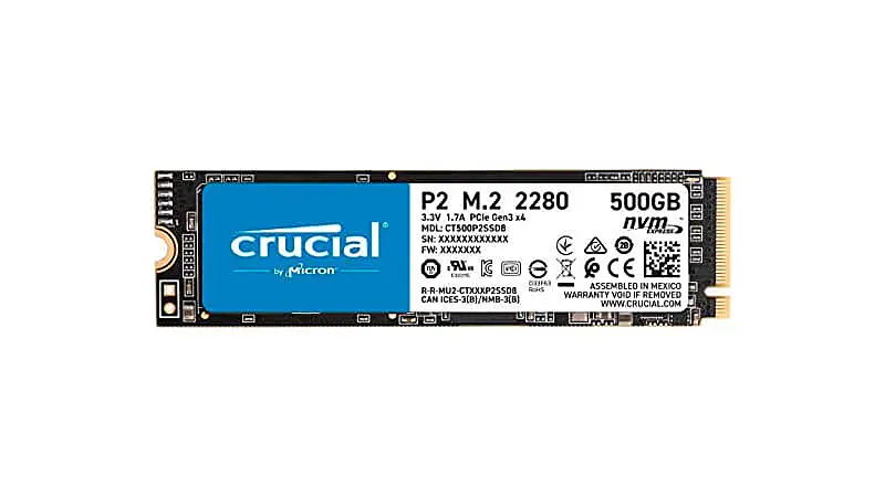 imagem de um SSD NVMe de 500GB da Crucial na cor preta