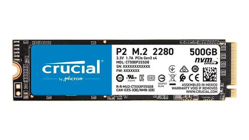 imagem de um SSD NVMe de 500GB Crucial na cor preta