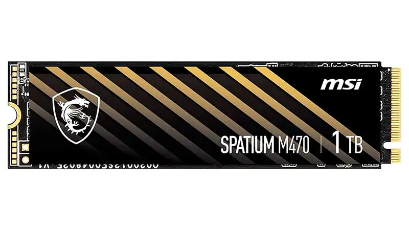 imagem de um SSD NVMe de 1TB MSI Spatium com dissipador na cor preta e dourada
