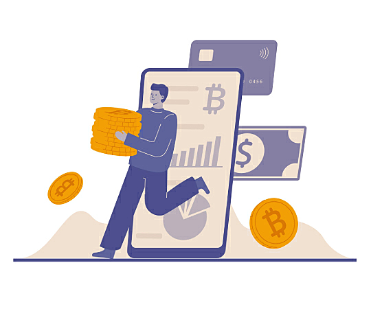 Imagem de uma pessoa saindo de uma tela segurando moedas de Bitcoin