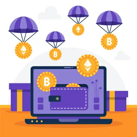 Ilustração de um computador e várias moedas de criptomoedas caindo em um carteira