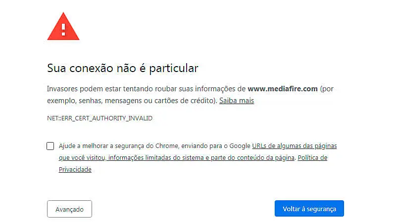 imagem que mostra o erro "sua conexão não é particular" em uma página no Chrome