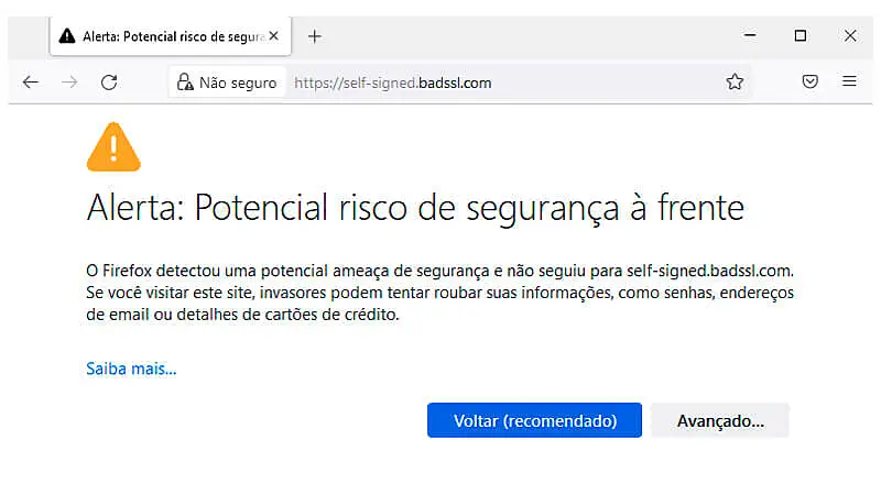 imagem que mostra o erro "Alerta: Potencial risco de segurança à frente" em uma página no Firefox