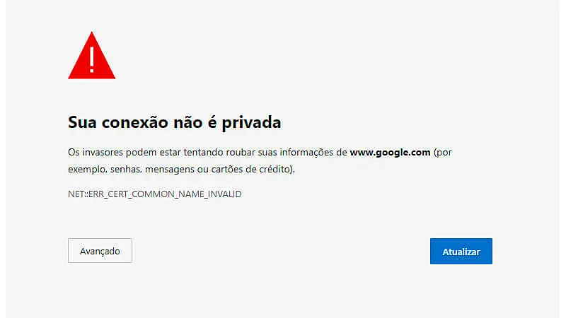 imagem que mostra o erro "sua conexão não é privada" em uma página no Microsoft Edge