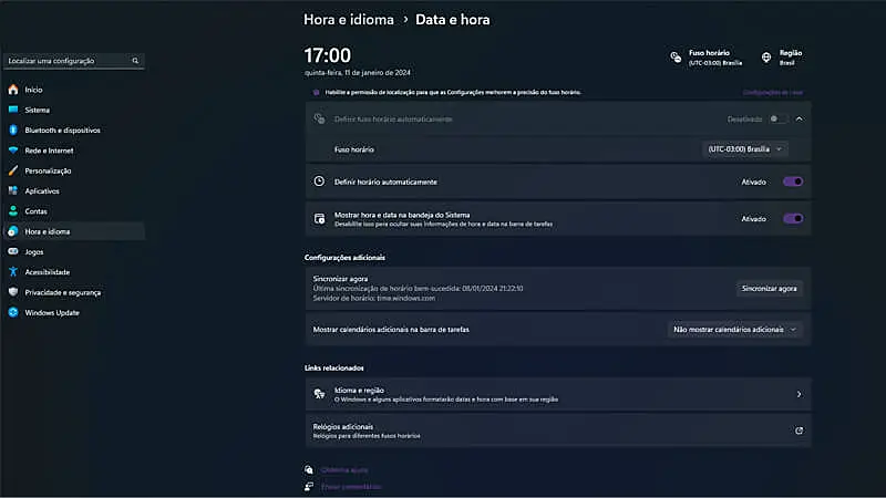 imagem que mostra o menu de configuração de data e hora do Windows 11