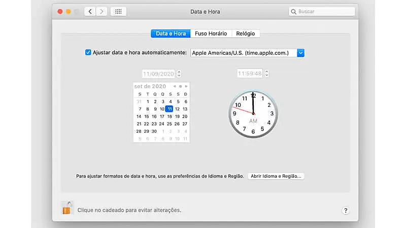 imagem que mostra o menu de configuração de data e hora do MacOS