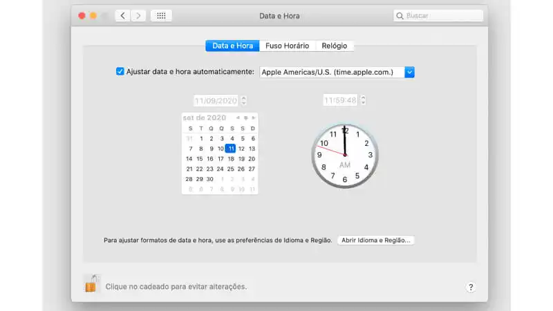 Sua Conexão Não é Particular imagem que mostra o menu de configuração de data e hora do MacOS