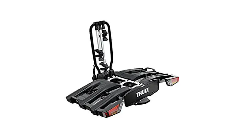imagem de um suporte de bicicleta veicular para engate Thule EasyFold com lanterna de freio e setas sinalizadoras