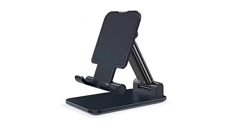imagem de um suporte para celular com estrutura dobrável na cor preta