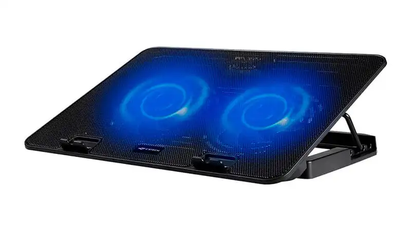 Suporte para Notebook C3Tech imagem de um suporte para notebook da C3Tech com duas ventoinhas e estrutura regulável na cor preta