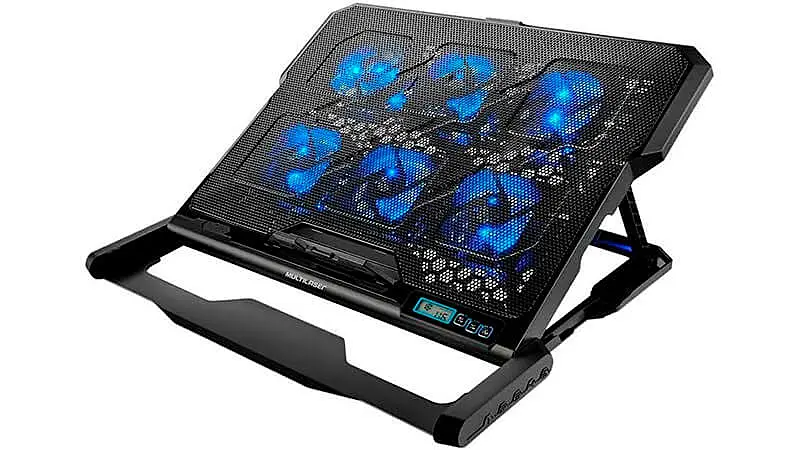 imagem de um suporte para notebook da Multilaser com seis ventoinhas e estrutura regulável na cor preta