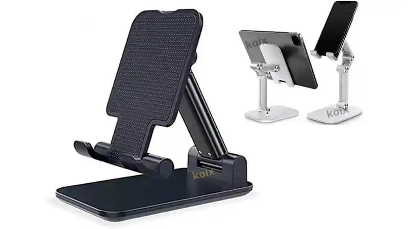 imagem que mostra três suportes articulados da Koix, um vazio, um segurando um celular e outro segurando um tablet