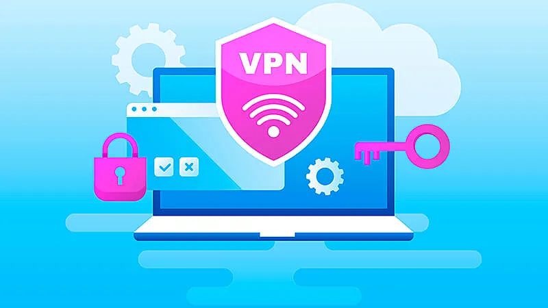 Ilustração de um notebook conectado no VPN e diversos ícones de segurança e privacidade