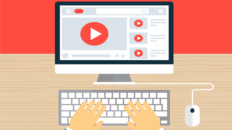 Ilustração de um computador com a tela do YouTube aberta